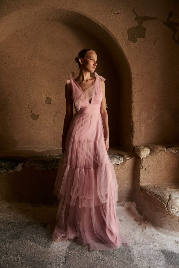 Φόρεμα Maxi Με Τούλι και Βολάν Old Pink- Margaret