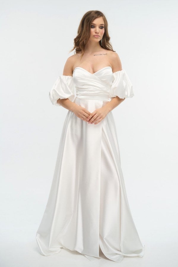 Φόρεμα Maxi Σατέν Off Shoulder με Balloon Μανίκια Λευκό- Flory