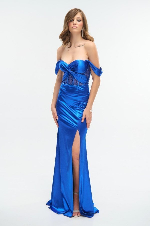 Φόρεμα Maxi Off Shoulder Σατέν Ηλεκτρίκ - Kasie