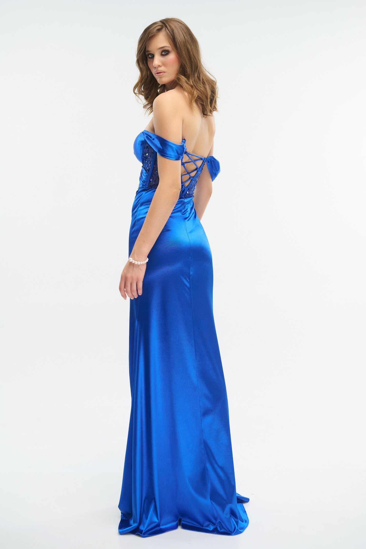 Φόρεμα Maxi Off Shoulder Σατέν Ηλεκτρίκ - Kasie