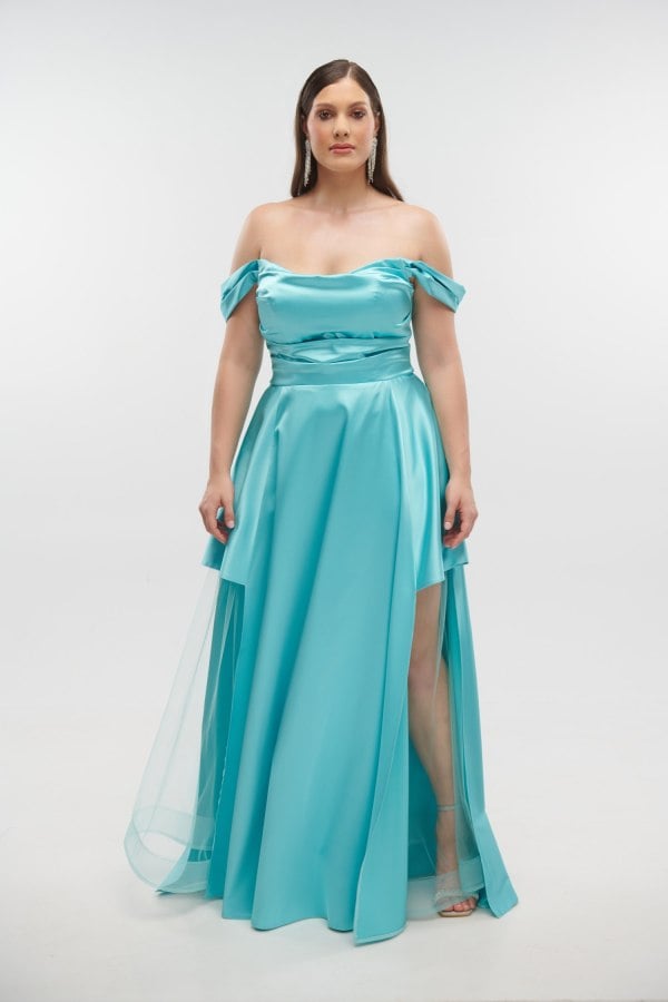 Γυναικείο Φόρεμα Off Shoulder Σατέν Οινοπνευματί- Merlin