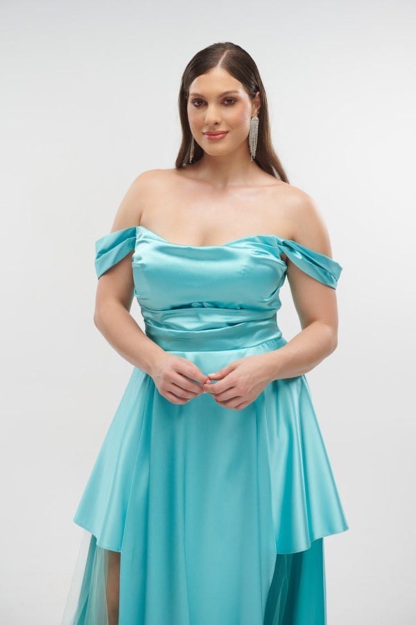 Γυναικείο Φόρεμα Off Shoulder Σατέν Οινοπνευματί- Merlin
