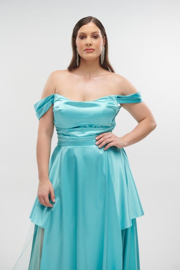 Γυναικείο Φόρεμα Off Shoulder Σατέν Οινοπνευματί- Merlin