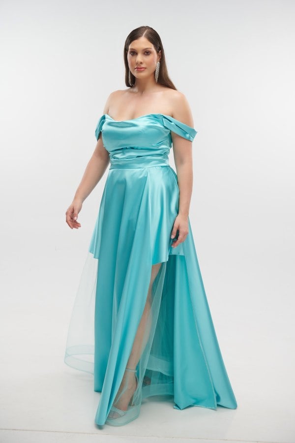 Γυναικείο Φόρεμα Off Shoulder Σατέν Οινοπνευματί- Merlin