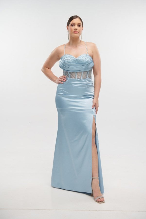 Φόρεμα Maxi Σατέν με Glitter Light Blue - Amarli