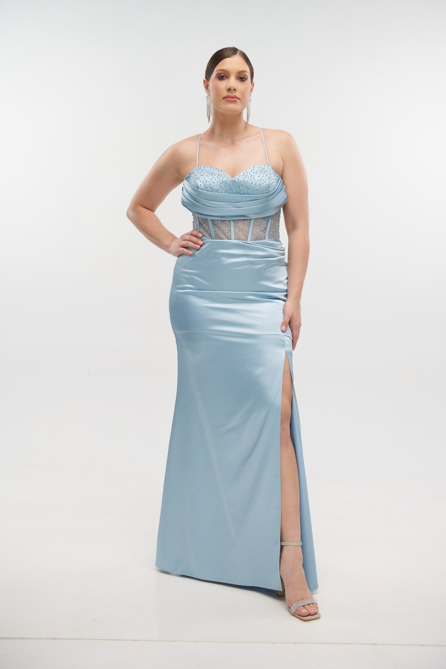 Φόρεμα Maxi Σατέν με Glitter Light Blue - Amarli