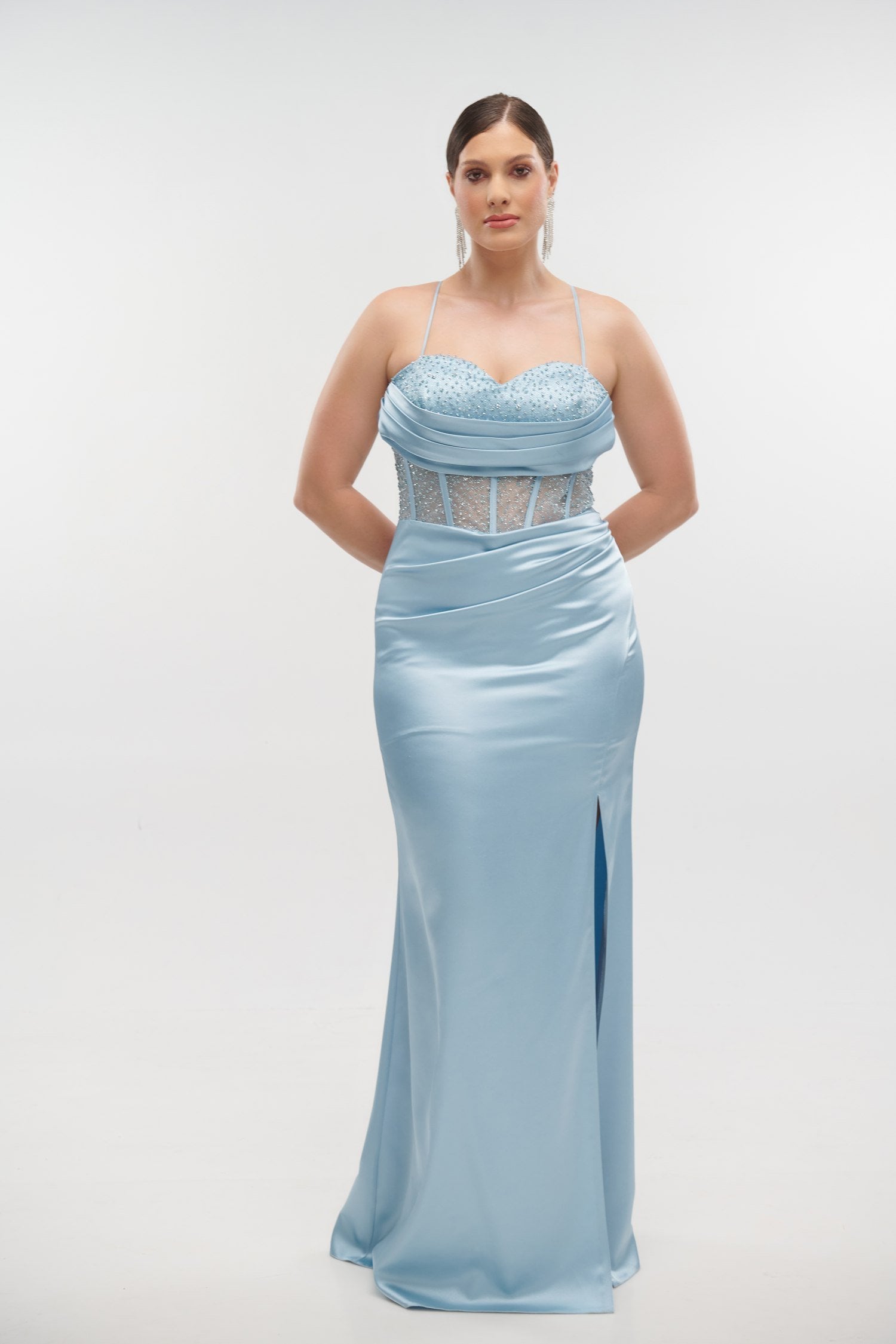 Φόρεμα Maxi Σατέν με Glitter Light Blue - Amarli