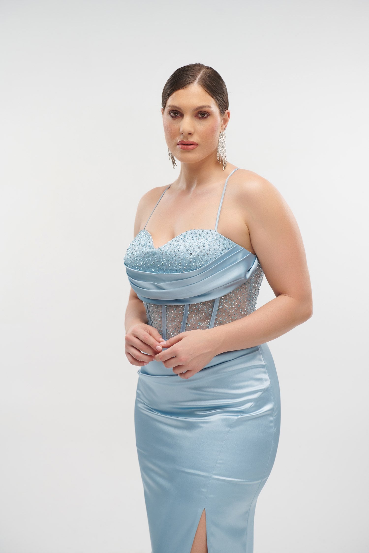 Φόρεμα Maxi Σατέν με Glitter Light Blue - Amarli