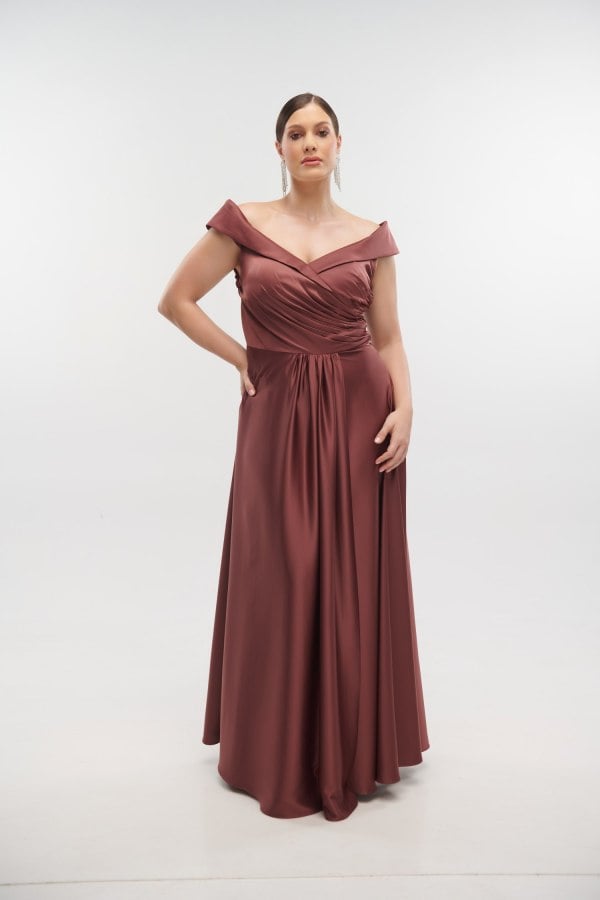 Φόρεμα Maxi Σατέν Off Shoulder Σάπιο Μήλο - Matilde