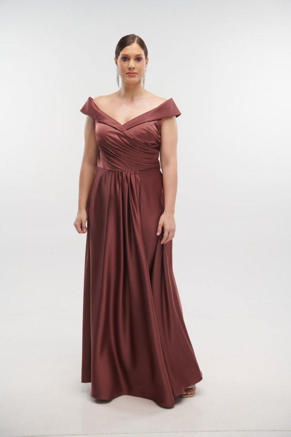 Φόρεμα Maxi Σατέν Off Shoulder Σάπιο Μήλο - Matilde