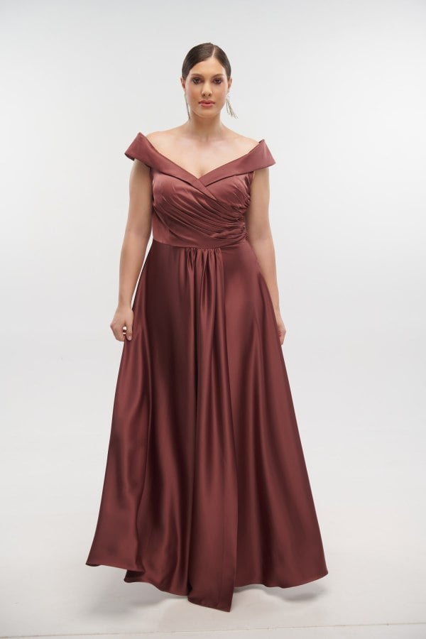 Φόρεμα Maxi Σατέν Off Shoulder Σάπιο Μήλο - Matilde