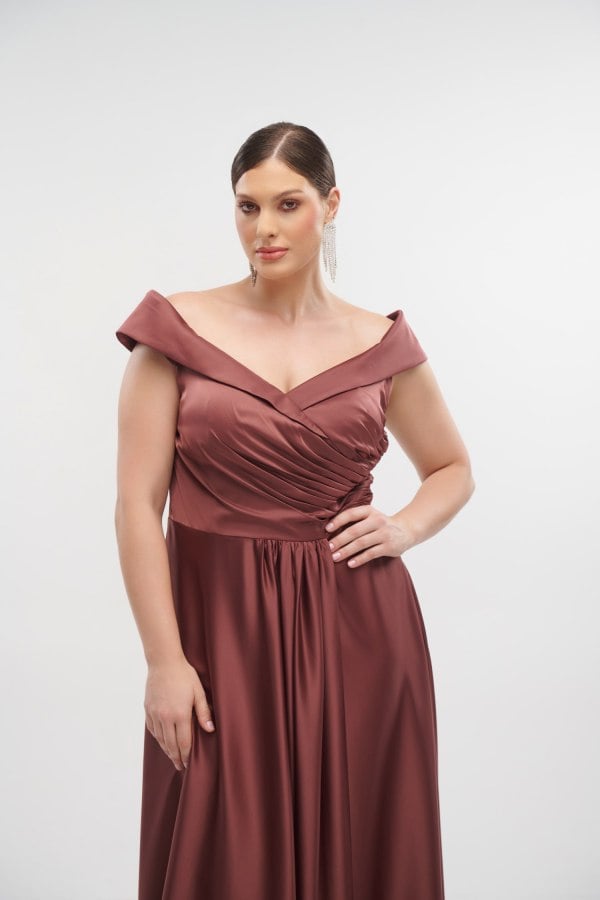 Φόρεμα Maxi Σατέν Off Shoulder Σάπιο Μήλο - Matilde