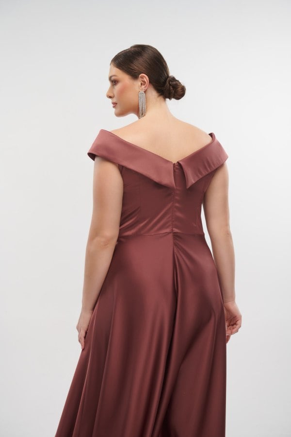 Φόρεμα Maxi Σατέν Off Shoulder Σάπιο Μήλο - Matilde