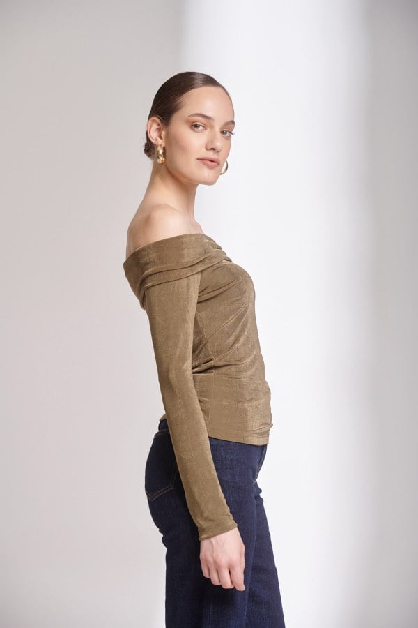 Γυναικεία Μπλούζα Ζέρσεϊ Off Shoulder Χακί - Aerin
