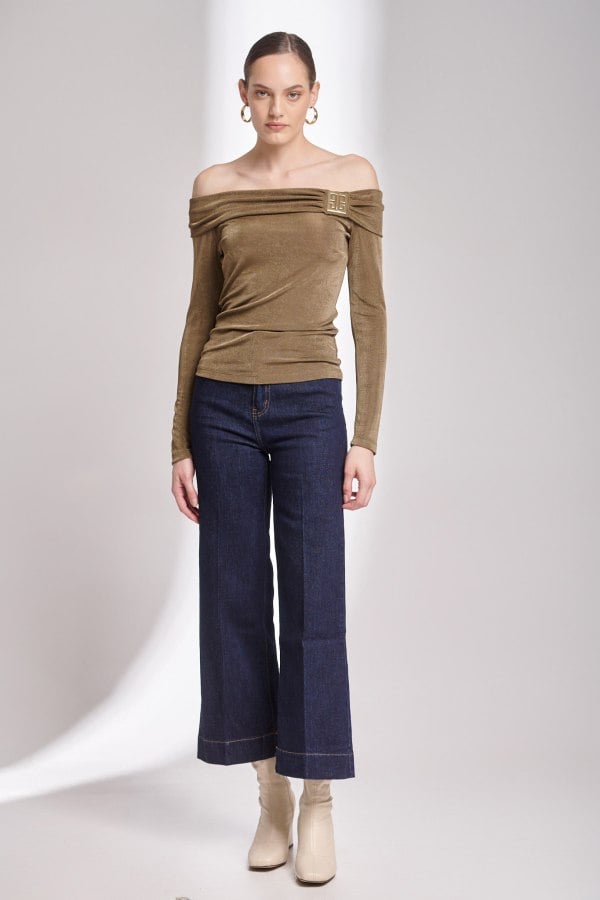 Γυναικεία Μπλούζα Ζέρσεϊ Off Shoulder Χακί - Aerin