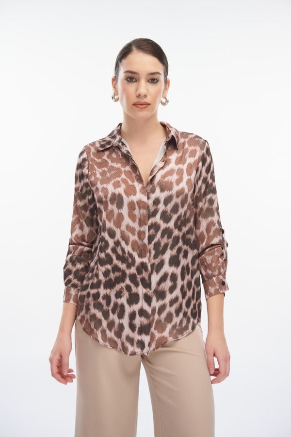 Πουκάμισο Σατέν Animal Print Καφέ - Dafne