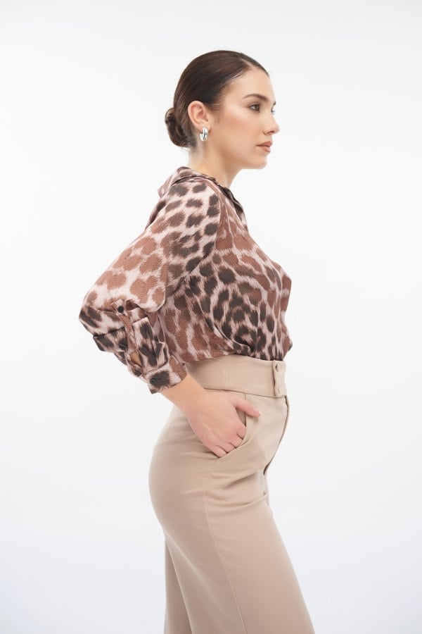 Πουκάμισο Σατέν Animal Print Καφέ - Dafne