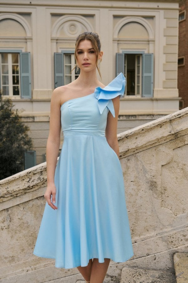 Φόρεμα Midi Κρεπ Σατέν Με Έναν Ώμο Light Blue- Silviana