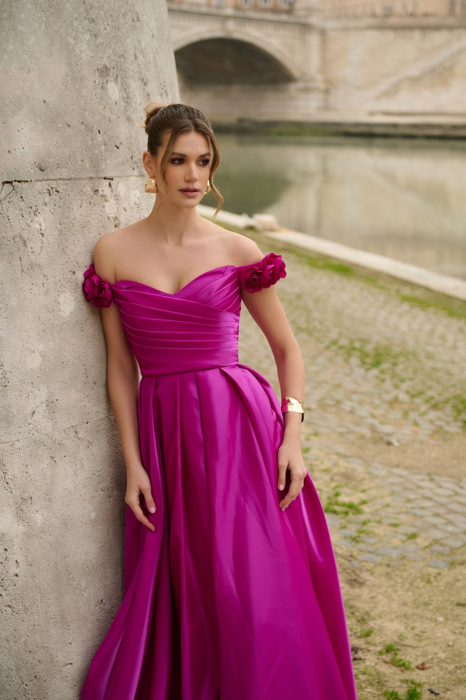 Φόρεμα Ταφτά Maxi Off Shoulder Με Λουλούδια Majenta - Vanessa