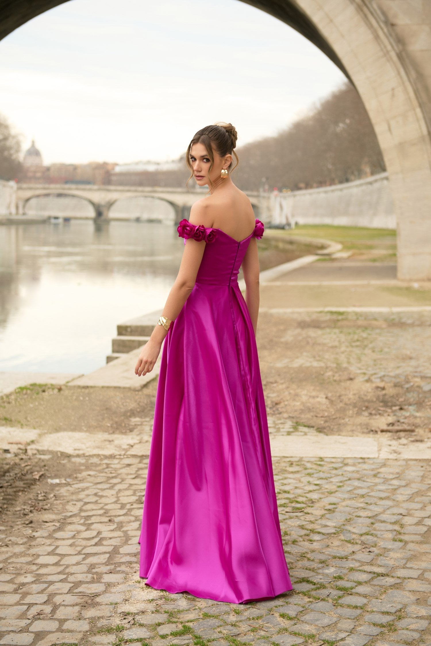 Φόρεμα Ταφτά Maxi Off Shoulder Με Λουλούδια Majenta - Vanessa