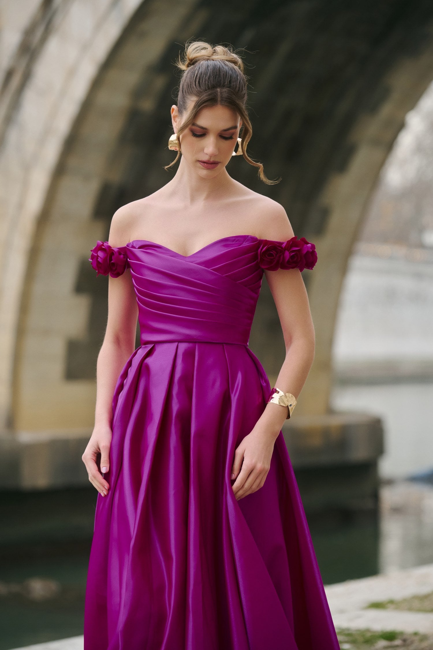 Φόρεμα Ταφτά Maxi Off Shoulder Με Λουλούδια Majenta - Vanessa