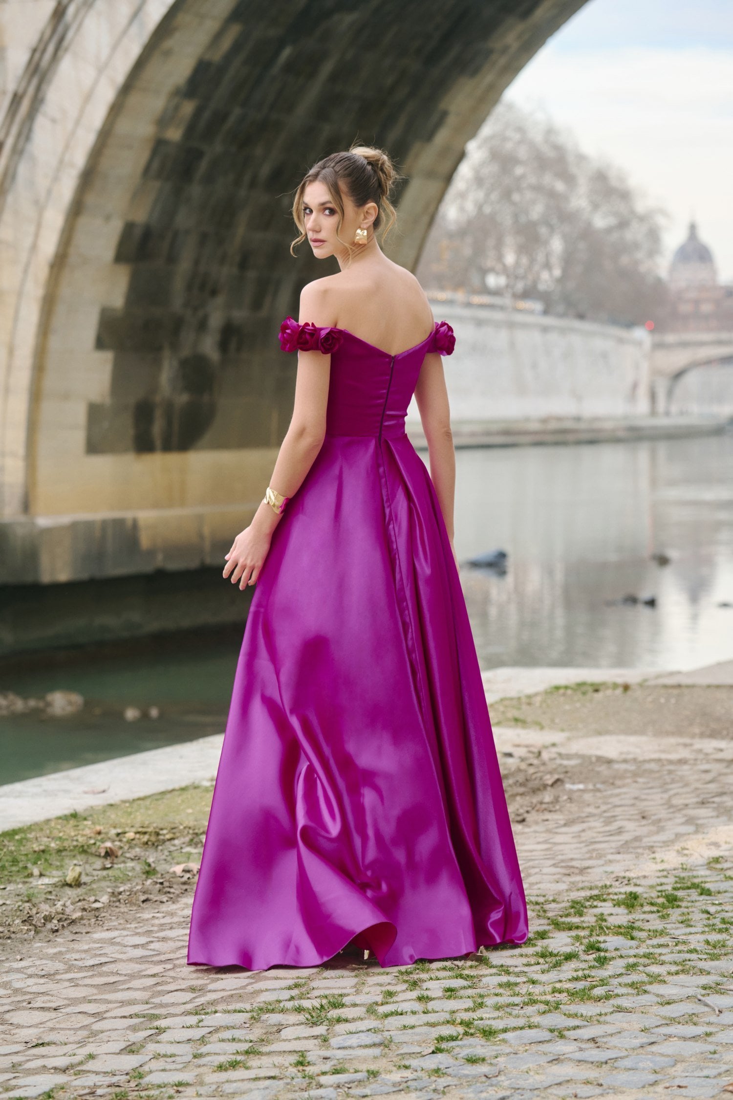 Φόρεμα Ταφτά Maxi Off Shoulder Με Λουλούδια Majenta - Vanessa