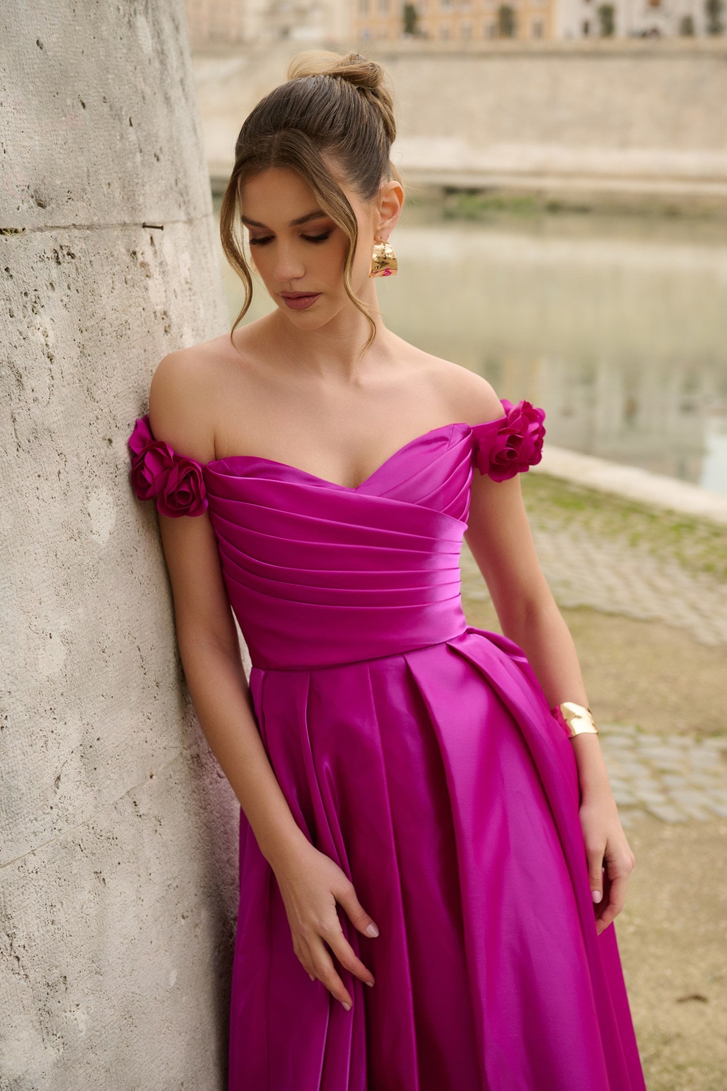 Φόρεμα Ταφτά Maxi Off Shoulder Με Λουλούδια Majenta - Vanessa