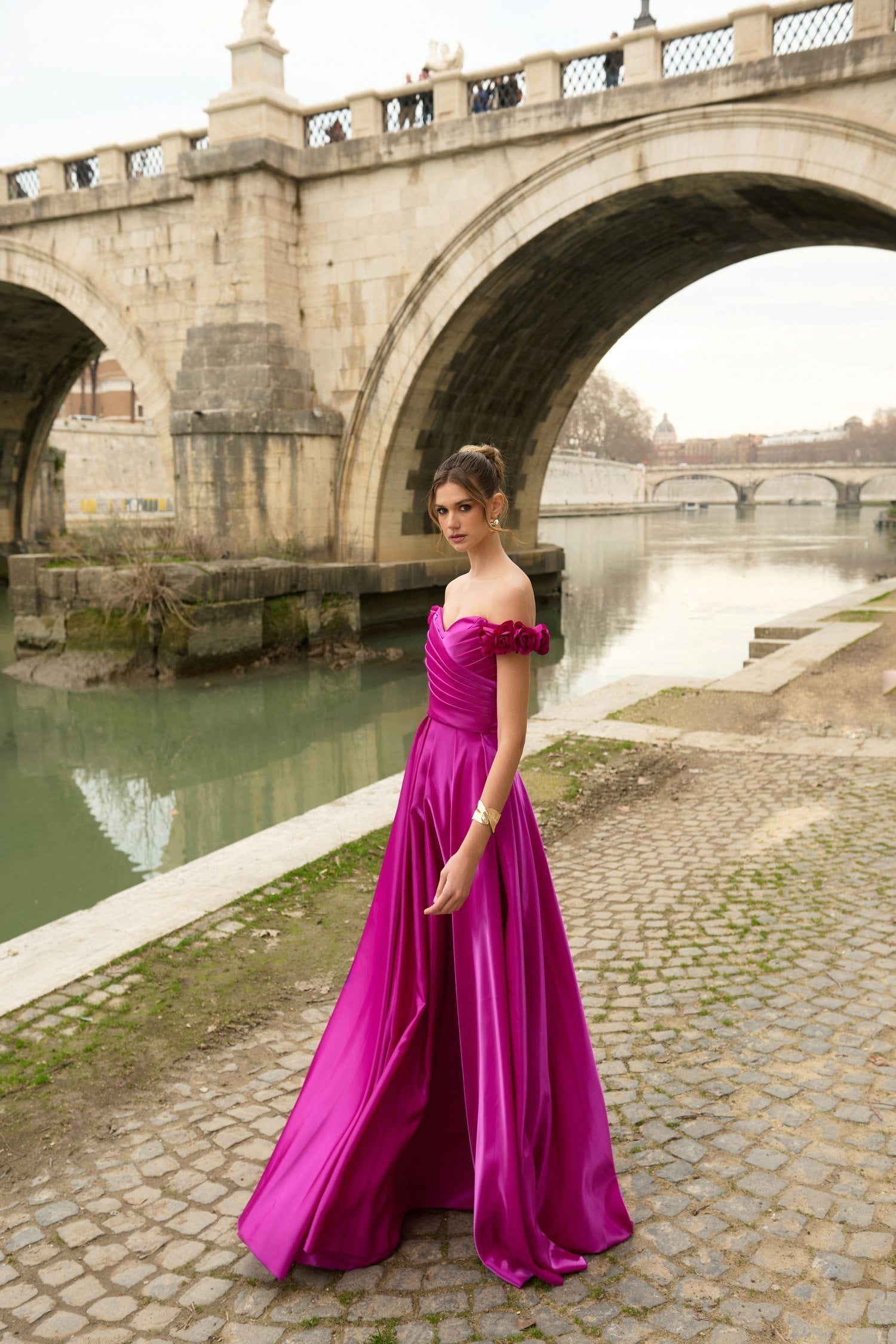 Φόρεμα Ταφτά Maxi Off Shoulder Με Λουλούδια Majenta - Vanessa