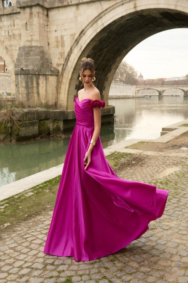 Φόρεμα Ταφτά Maxi Off Shoulder Με Λουλούδια Majenta - Vanessa