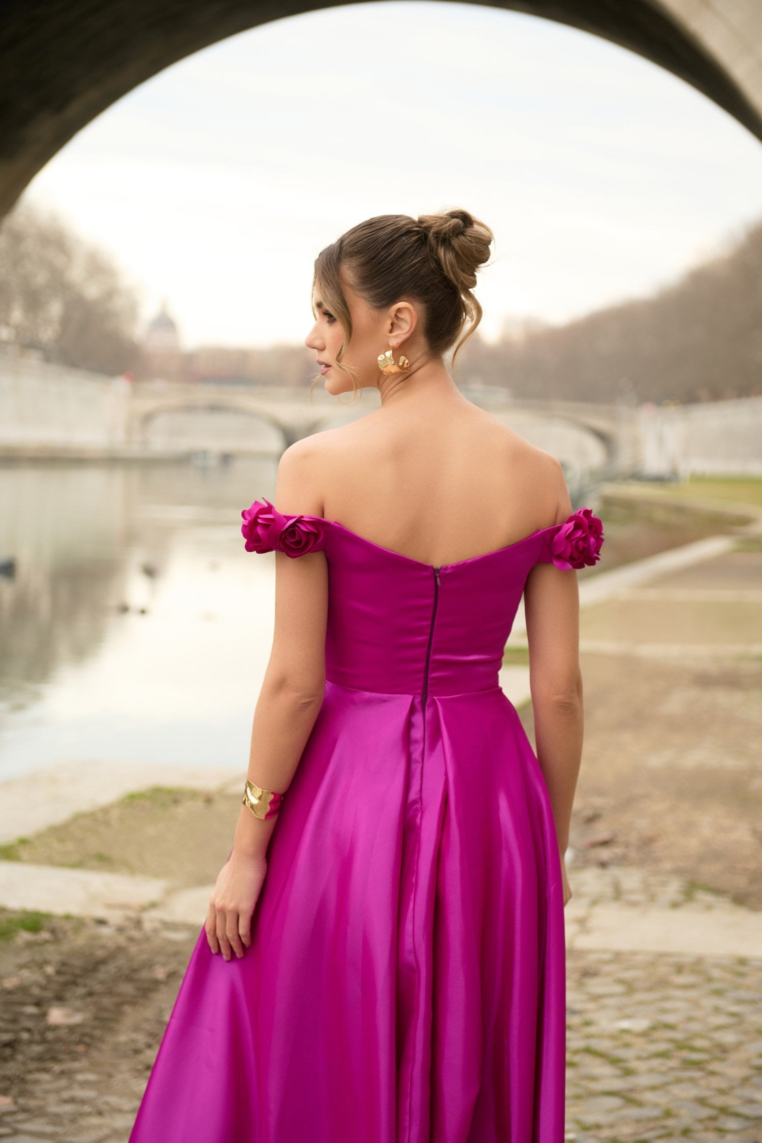 Φόρεμα Ταφτά Maxi Off Shoulder Με Λουλούδια Majenta - Vanessa