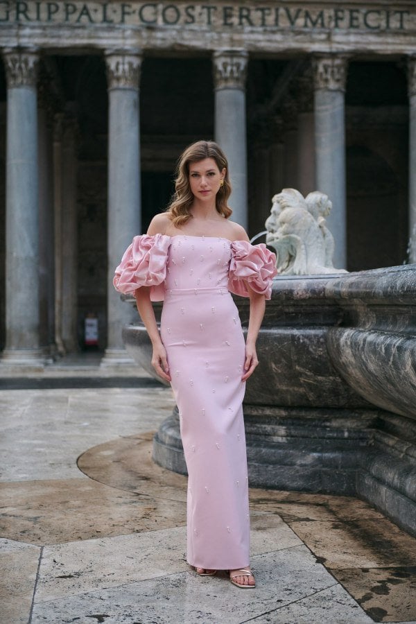 Φόρεμα Maxi Κρεπ Με Σατέν Μανίκια Baby Pink - Carina