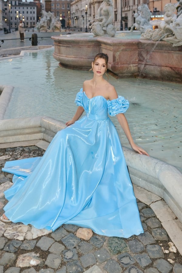 Φόρεμα Maxi Ταφτάς Με Αποσπώμενα Μανίκια Light Blue - Silva