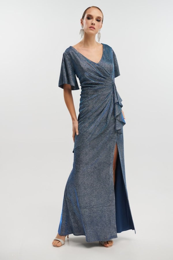 Φόρεμα Μaxi Ντραπέ Με Glitter Navy Blue - Oisin
