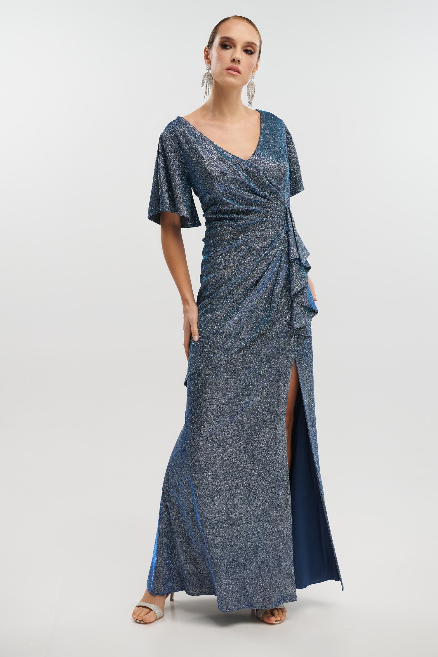 Φόρεμα Μaxi Ντραπέ Με Glitter Navy Blue - Oisin