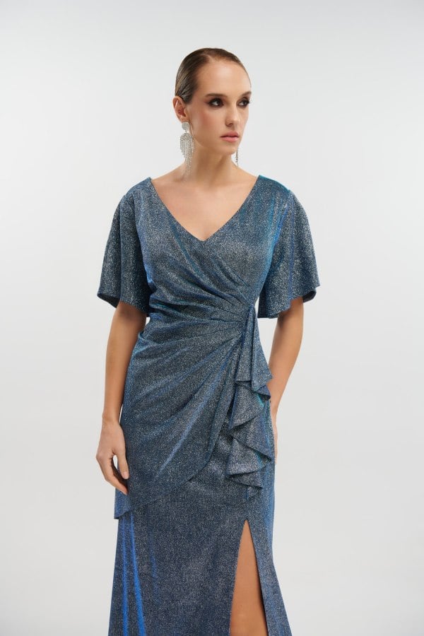 Φόρεμα Μaxi Ντραπέ Με Glitter Navy Blue - Oisin