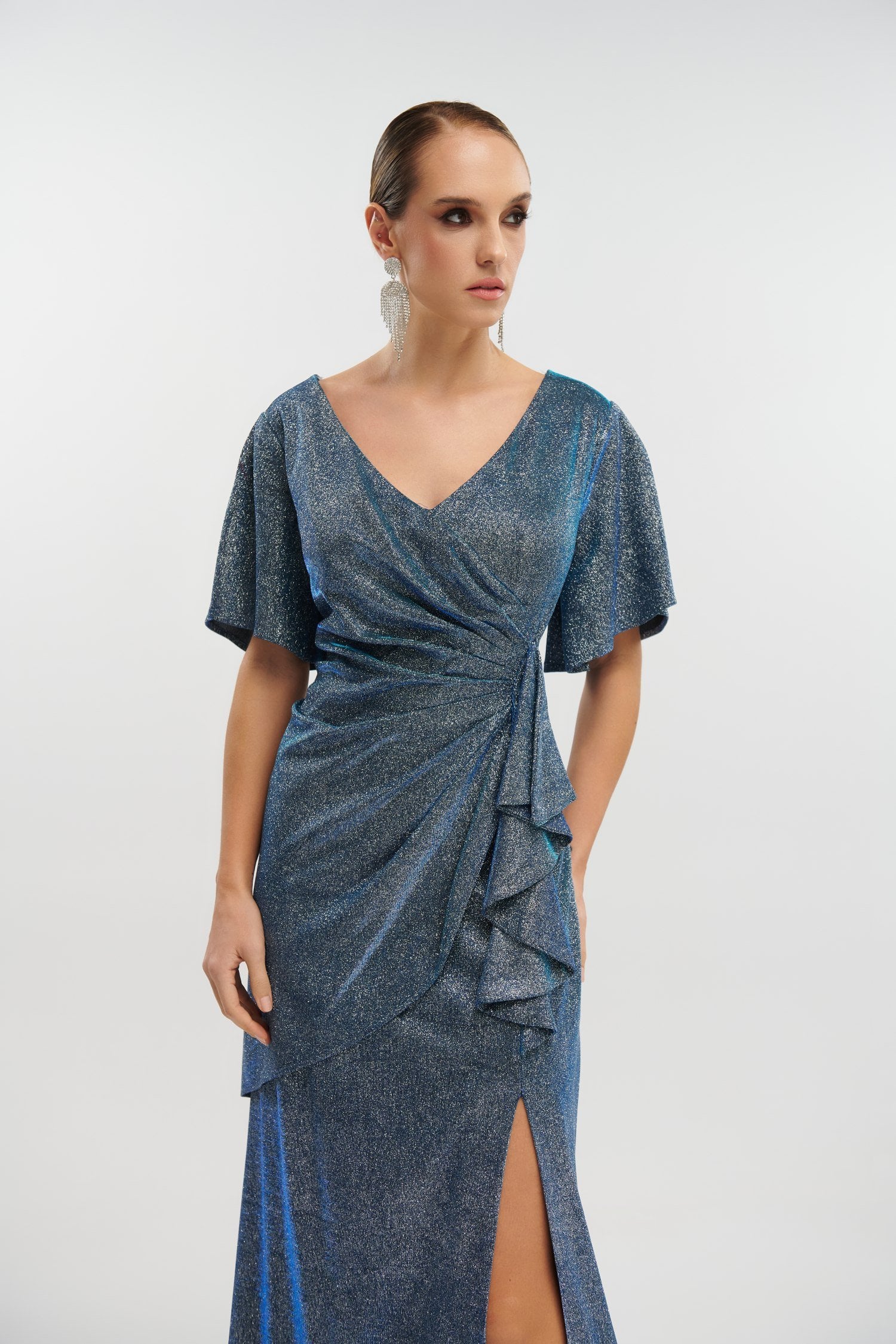 Φόρεμα Μaxi Ντραπέ Με Glitter Navy Blue - Oisin