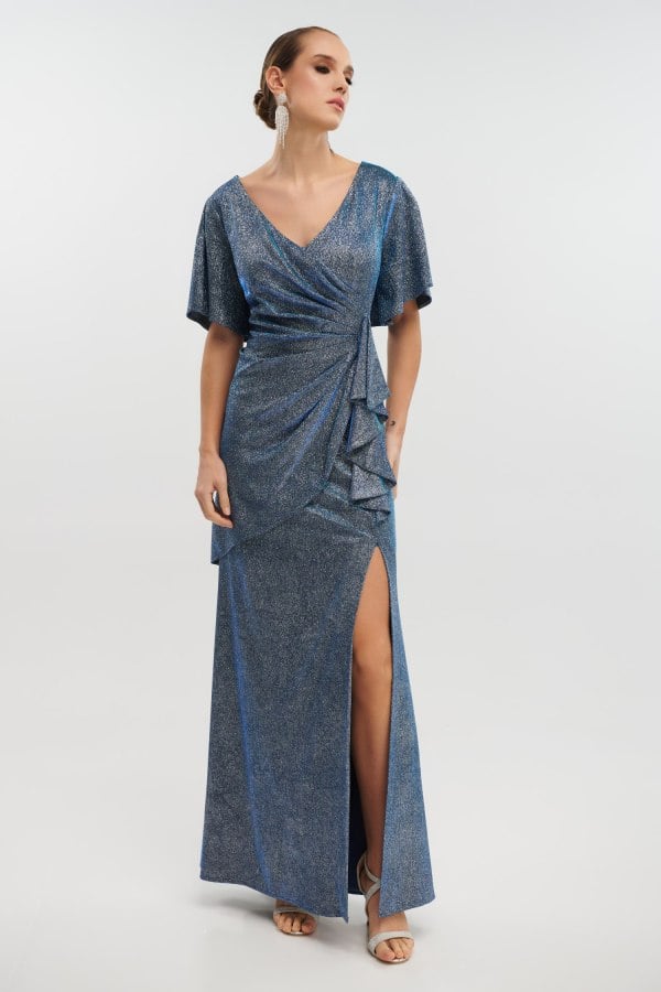Φόρεμα Μaxi Ντραπέ Με Glitter Navy Blue - Oisin