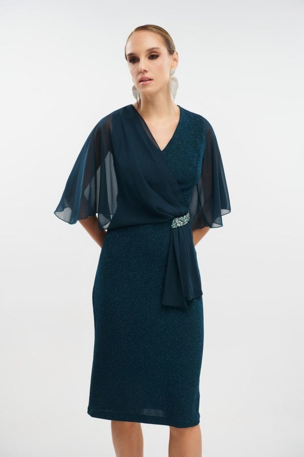 Φόρεμα Midi Lurex με Layers Μουσελίνας Πετρόλ - Skye