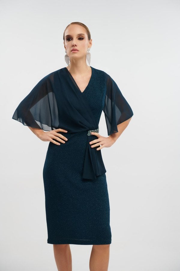 Φόρεμα Midi Lurex με Layers Μουσελίνας Πετρόλ - Skye