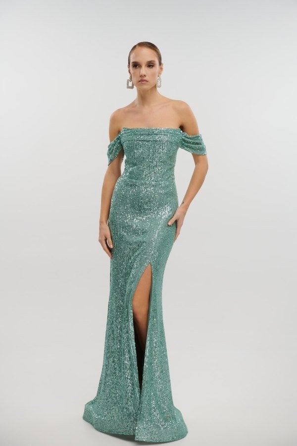 Φόρεμα Εφαρμοστό με Παγιέτα Off Shoulder Μέντα - Danae