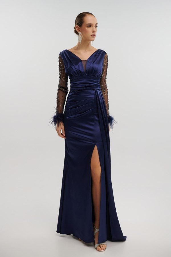 Φόρεμα Maxi Σατέν Με Στρας Και Πούπουλα Navy Blue - Delori