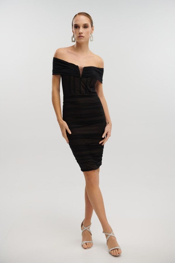 Φόρεμα Mini Off Shoulder από Τούλι Ελαστικό Μαύρο Μπέζ - Berthe