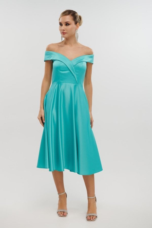 Midi Φόρεμα Κρεπ Σατέν Off Shoulder Σε Άλφα Γραμμή Οινοπνευματί - Alcyone