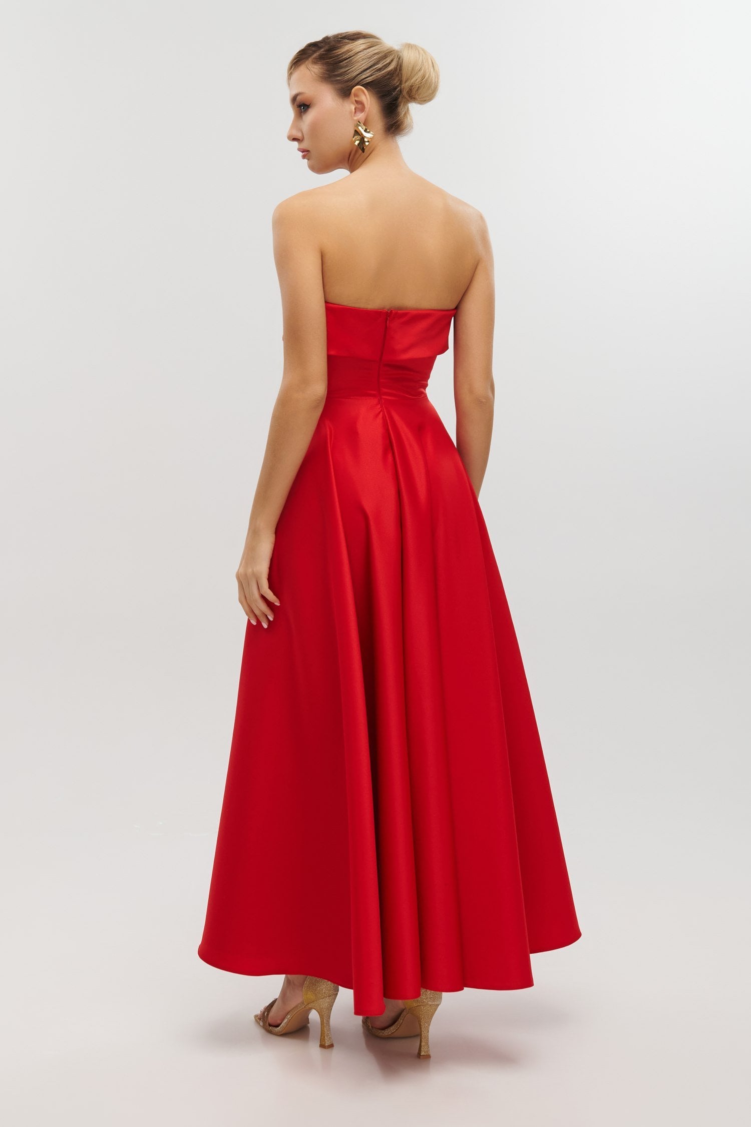 Σατέν Midi Φόρεμα Strapless Σε Άλφα Γραμμή Κόκκινο - Marlen