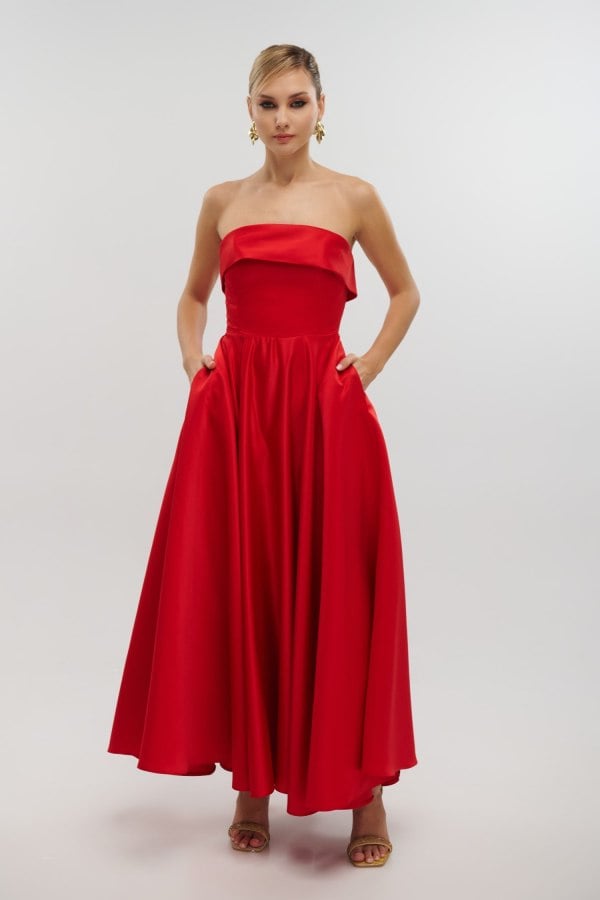 Σατέν Midi Φόρεμα Strapless Σε Άλφα Γραμμή Κόκκινο - Marlen
