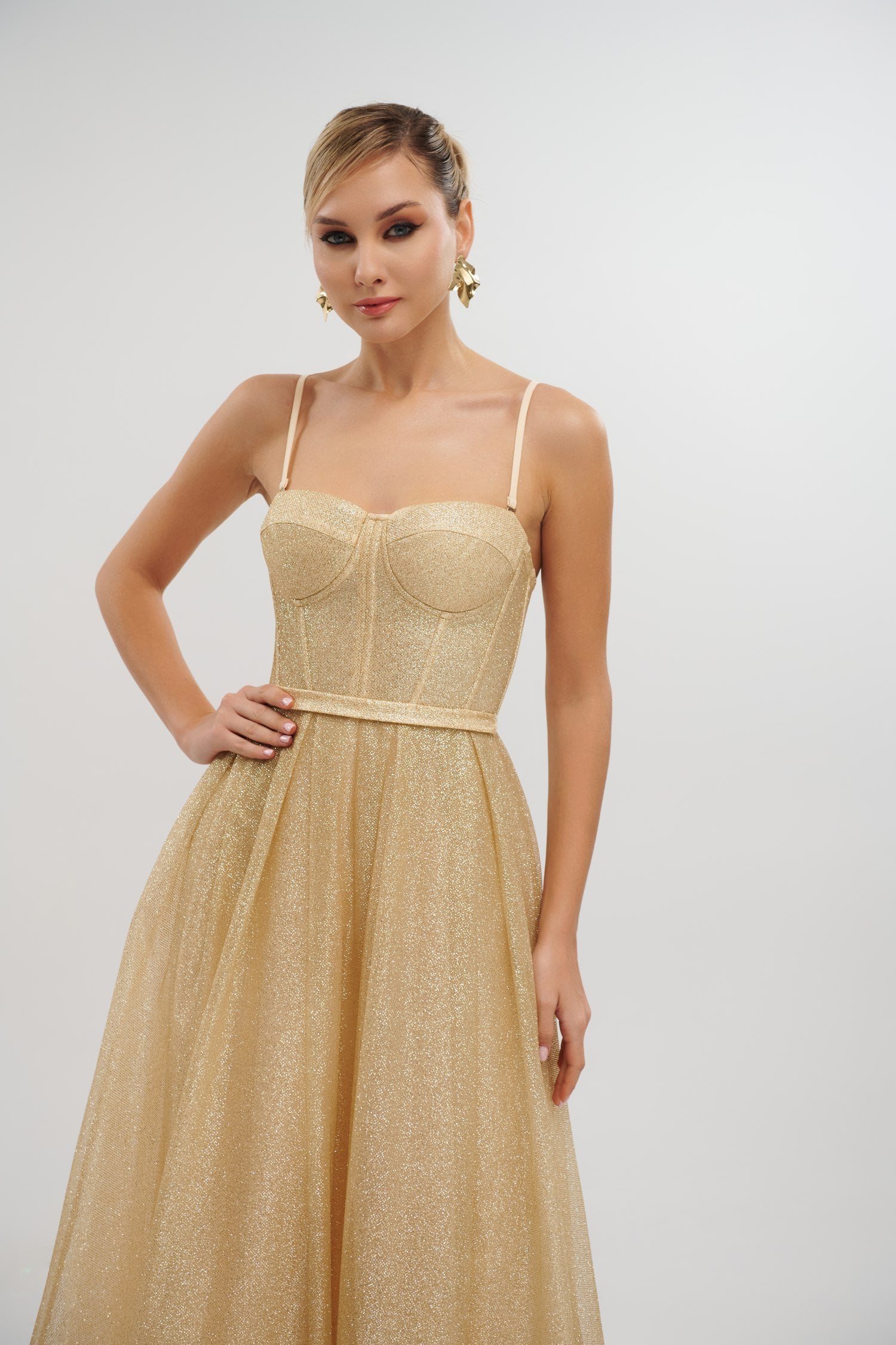 Λαμπερό Τούλινο Midi Φόρεμα Με Glitter Light Gold - Cecilia