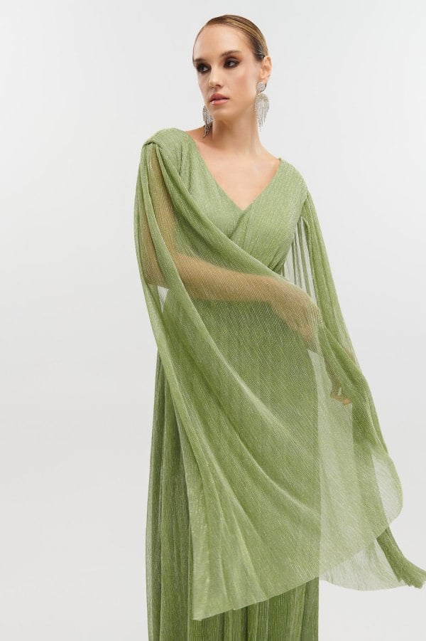 Lurex Maxi Φόρεμα Με Μανίκια Μπέρτα Μέντα - Dorothee