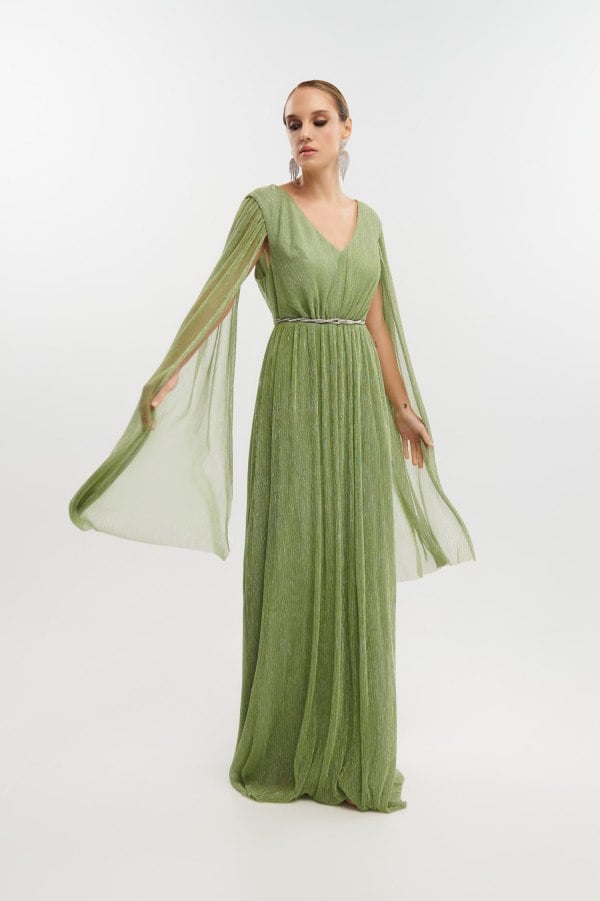 Lurex Maxi Φόρεμα Με Μανίκια Μπέρτα Μέντα - Dorothee