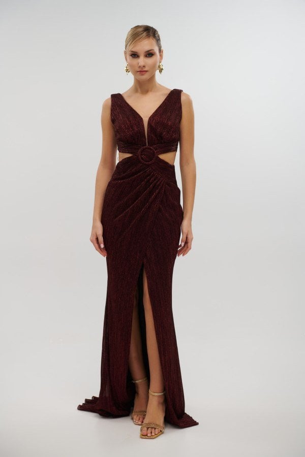 Maxi Lurex Φόρεμα Με Ανοίγματα και Ουρά Μπορντώ - Charline