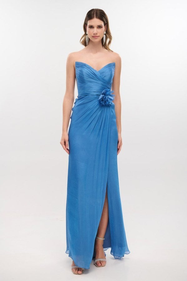 Strapless Φόρεμα Οργαντίνας Maxi Με Ουρά Indigo -Teodora